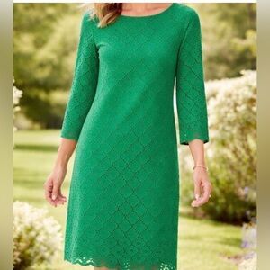 Talbots Kelly Size 6 Green Eyelet Lace Shift Dress 3/4 Sleeve Women Garden Party